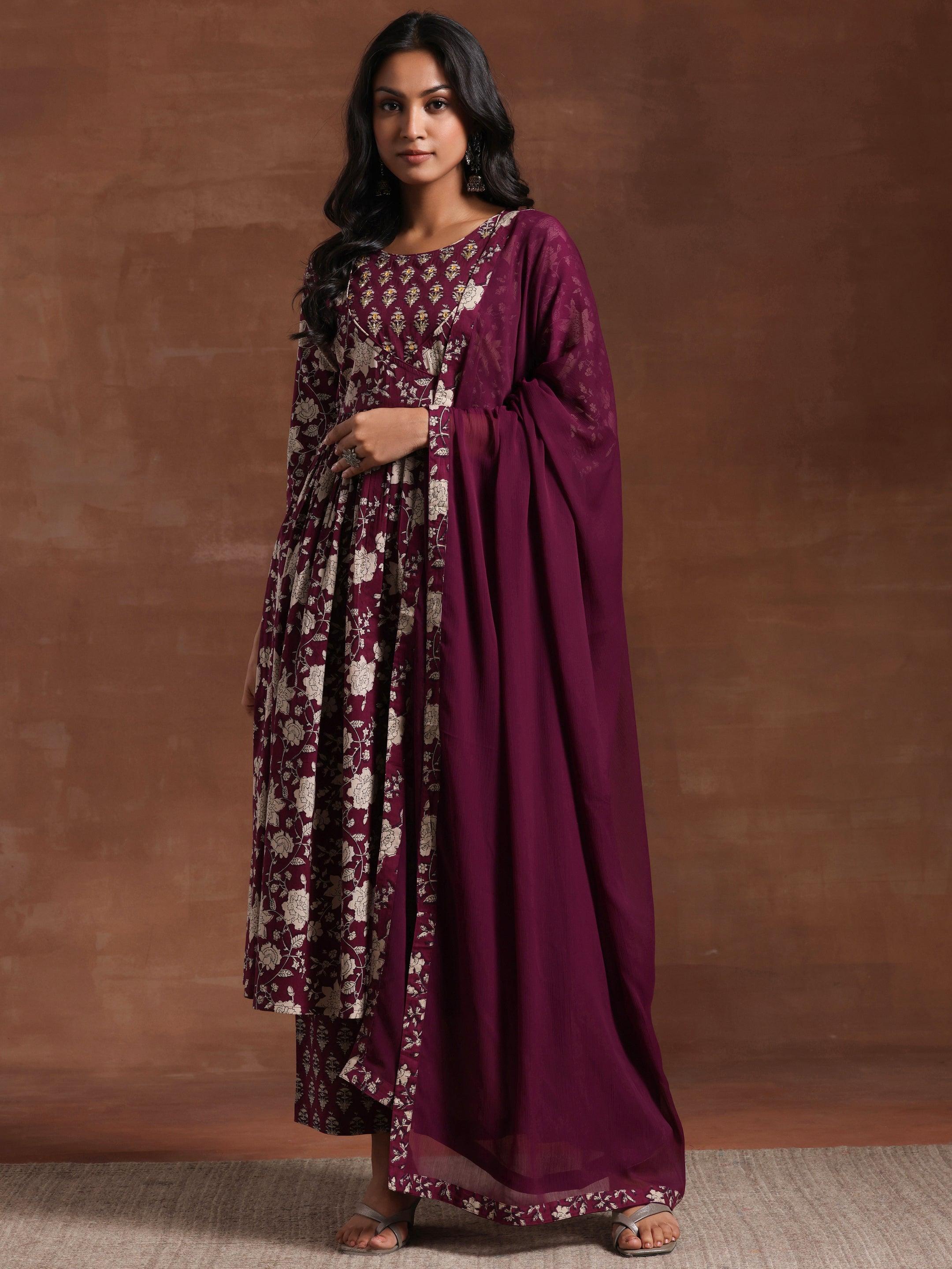 Wine Printed Pure Cotton Anarkali Suit With Dupatta