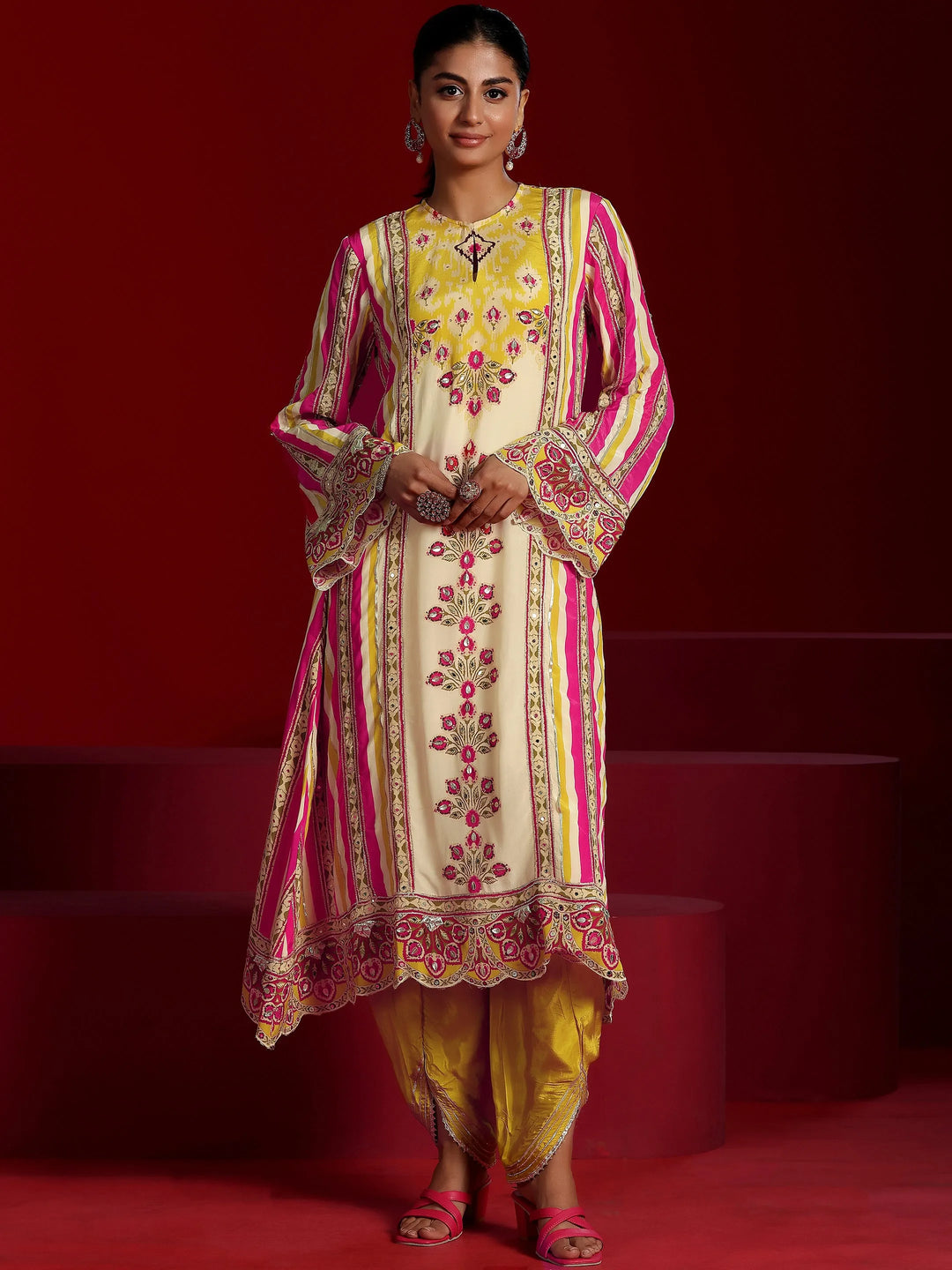  Libas Art Multi Printed Silk Crepe A-Line Kurta With Dhoti Pants 