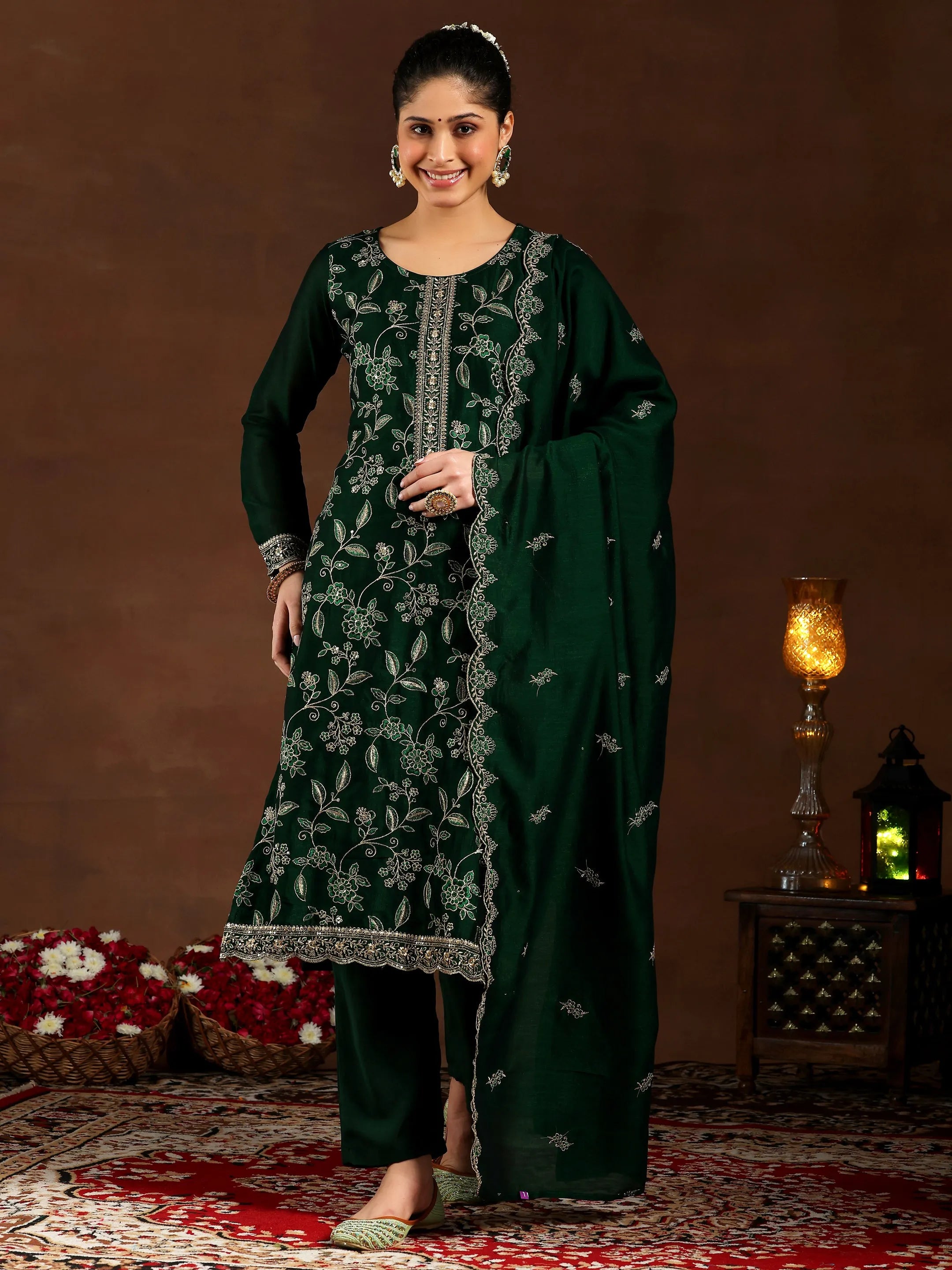 libas Green Embroidered Silk Blend Straight Suit With Dupatta-picture-63