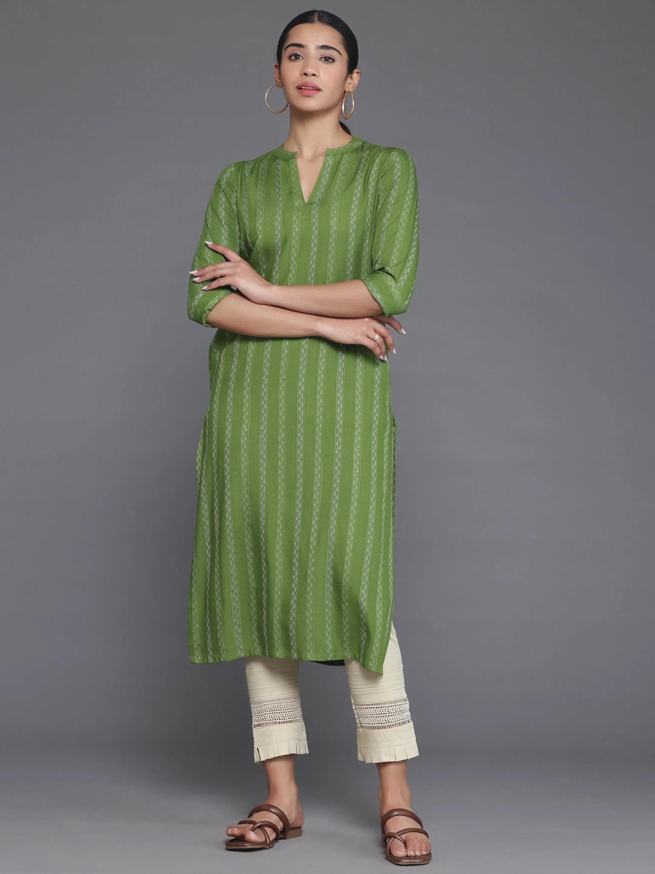 libas Green Striped Rayon Straight Kurta-picture-54