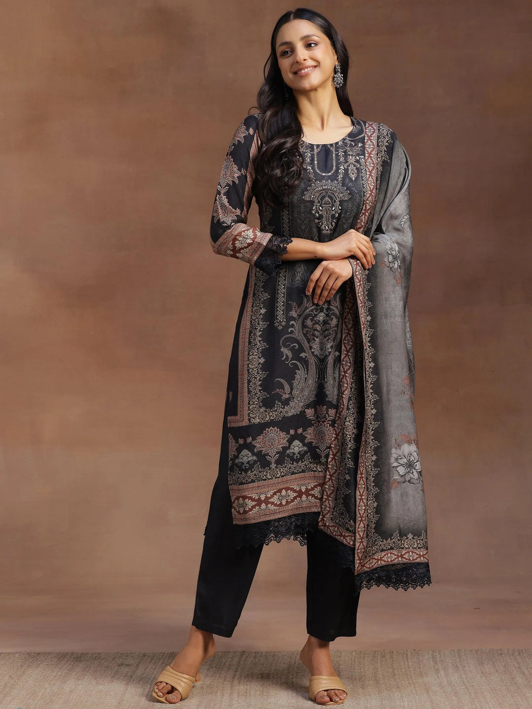 Grey Printed Silk Blend Straight Suit With Dupatta - Libas 