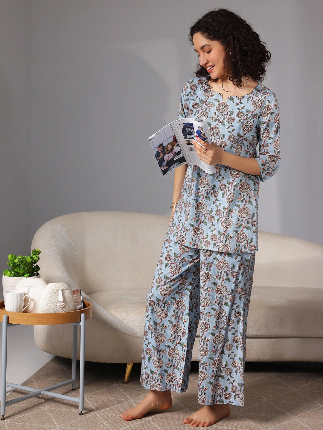 Blue Printed Cotton Night Suits - Libas 