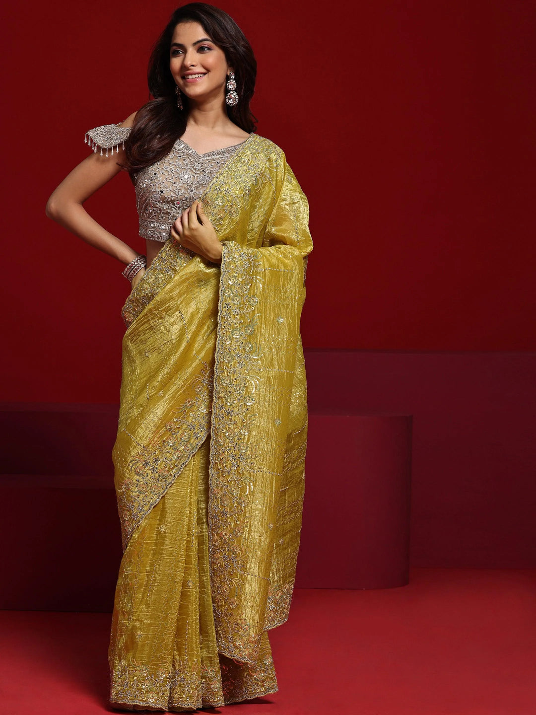 Libas Art Mustard Embellished Tissue Saree With Unstitched Blouse Piece - Libas 