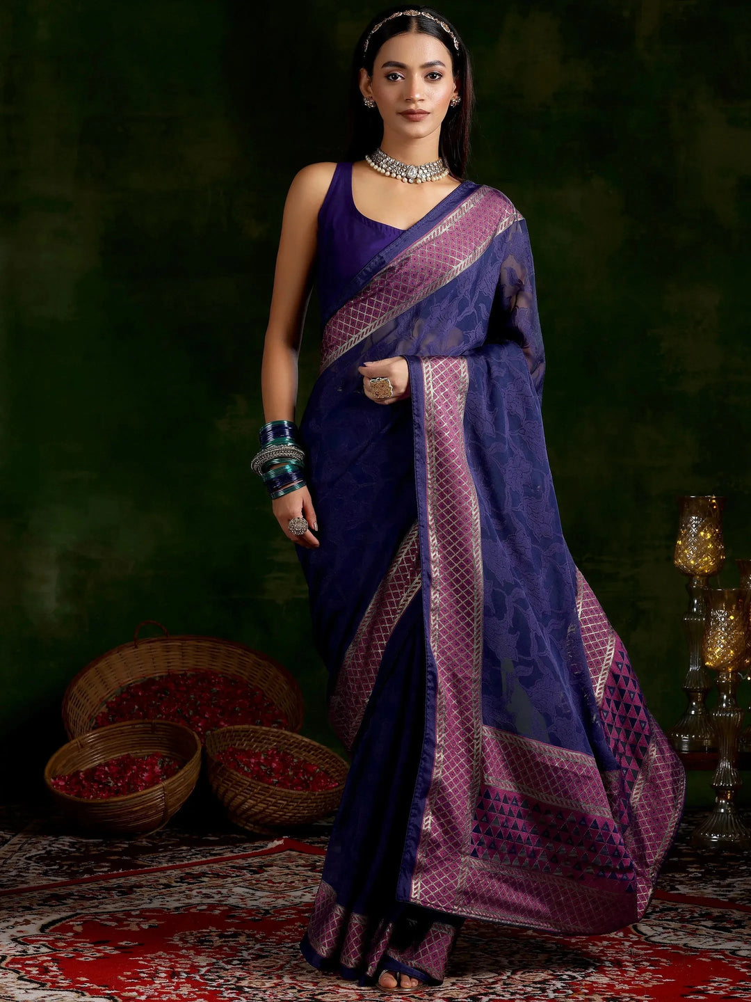  Blue Printed Silk Blend Saree With Unstitched Blouse Piece 