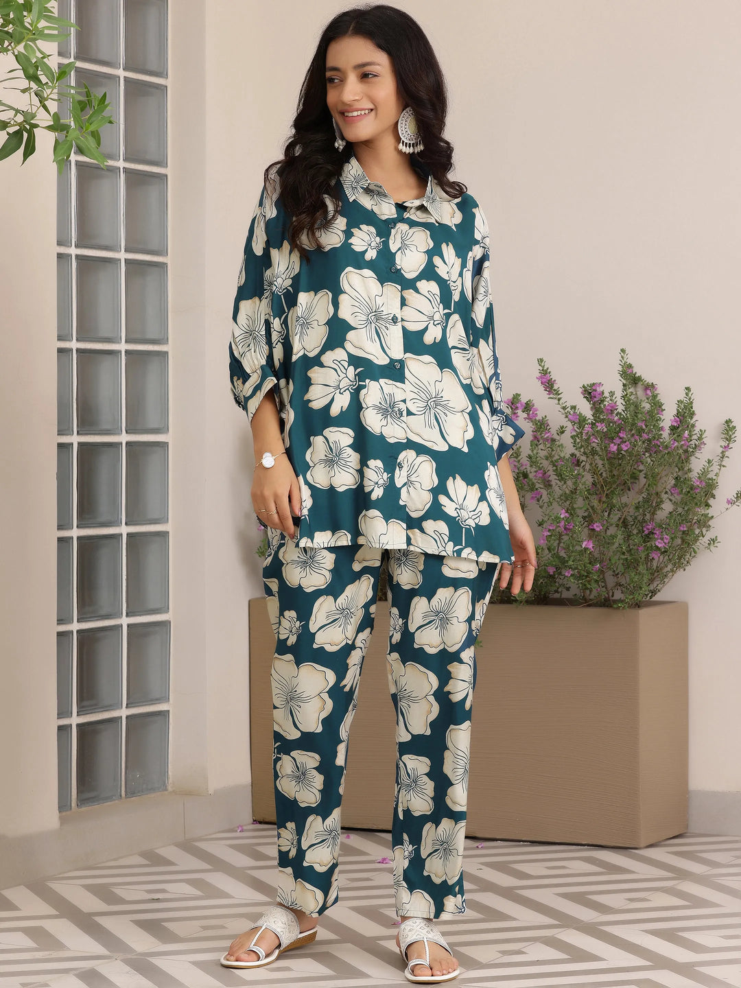  Blue Printed Silk Blend Co-Ords 