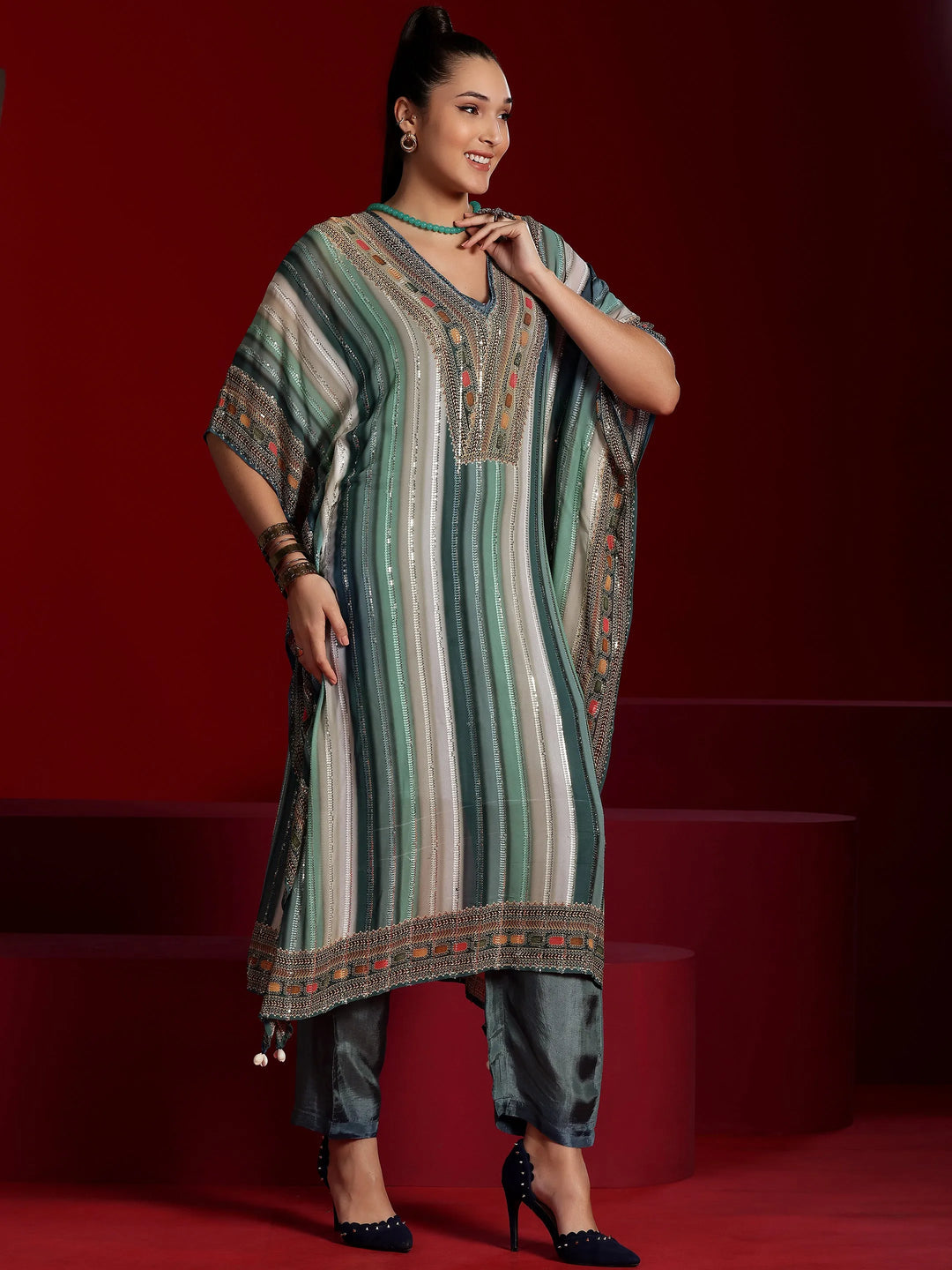  Libas Art Blue Printed Poly Georgette 3 Piece Co-Ords 