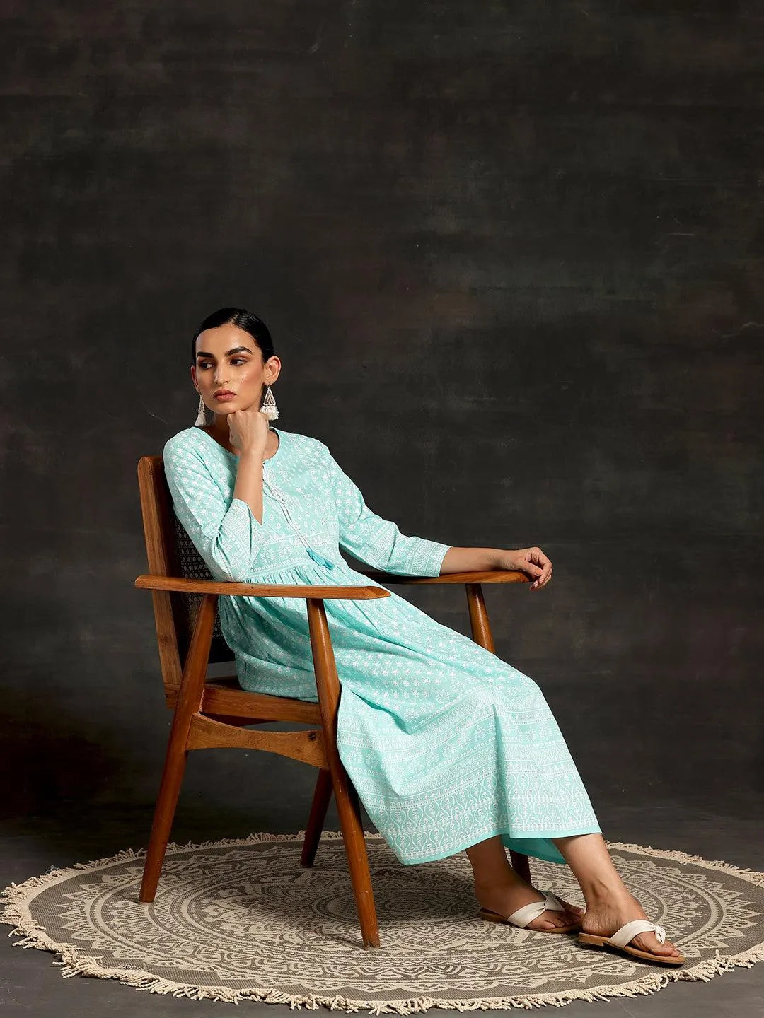 Blue Printed Cotton Fit and Flare Dress - Libas 