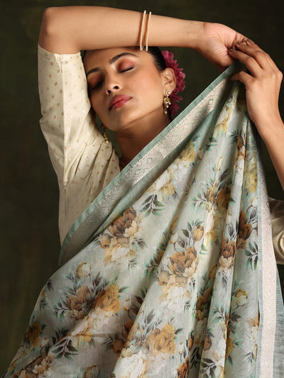 Green Printed Silk Blend Saree With Unstitched Blouse Piece - Libas