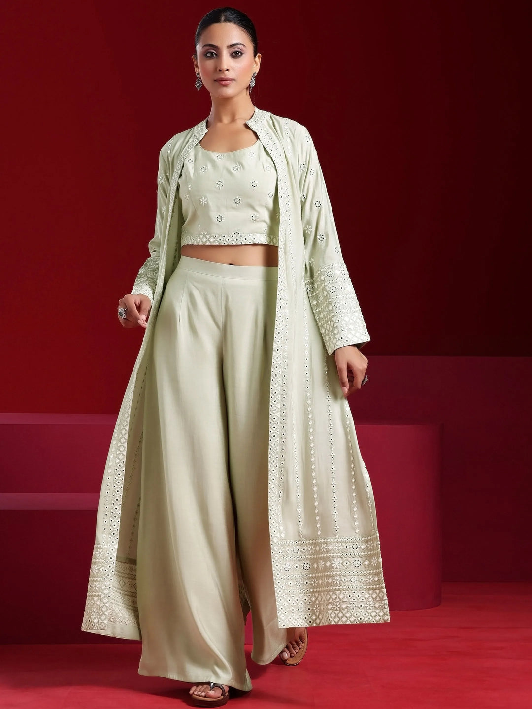  Libas Art Grey Embroidered Silk Blend 3 Piece Co-Ords 