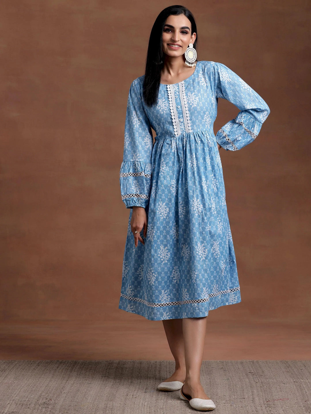 Blue Printed Cotton Fit and Flare Dress - Libas 