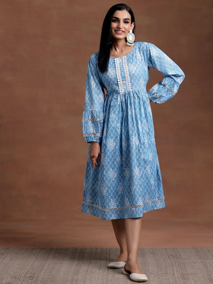 Blue Printed Cotton Fit and Flare Dress - Libas