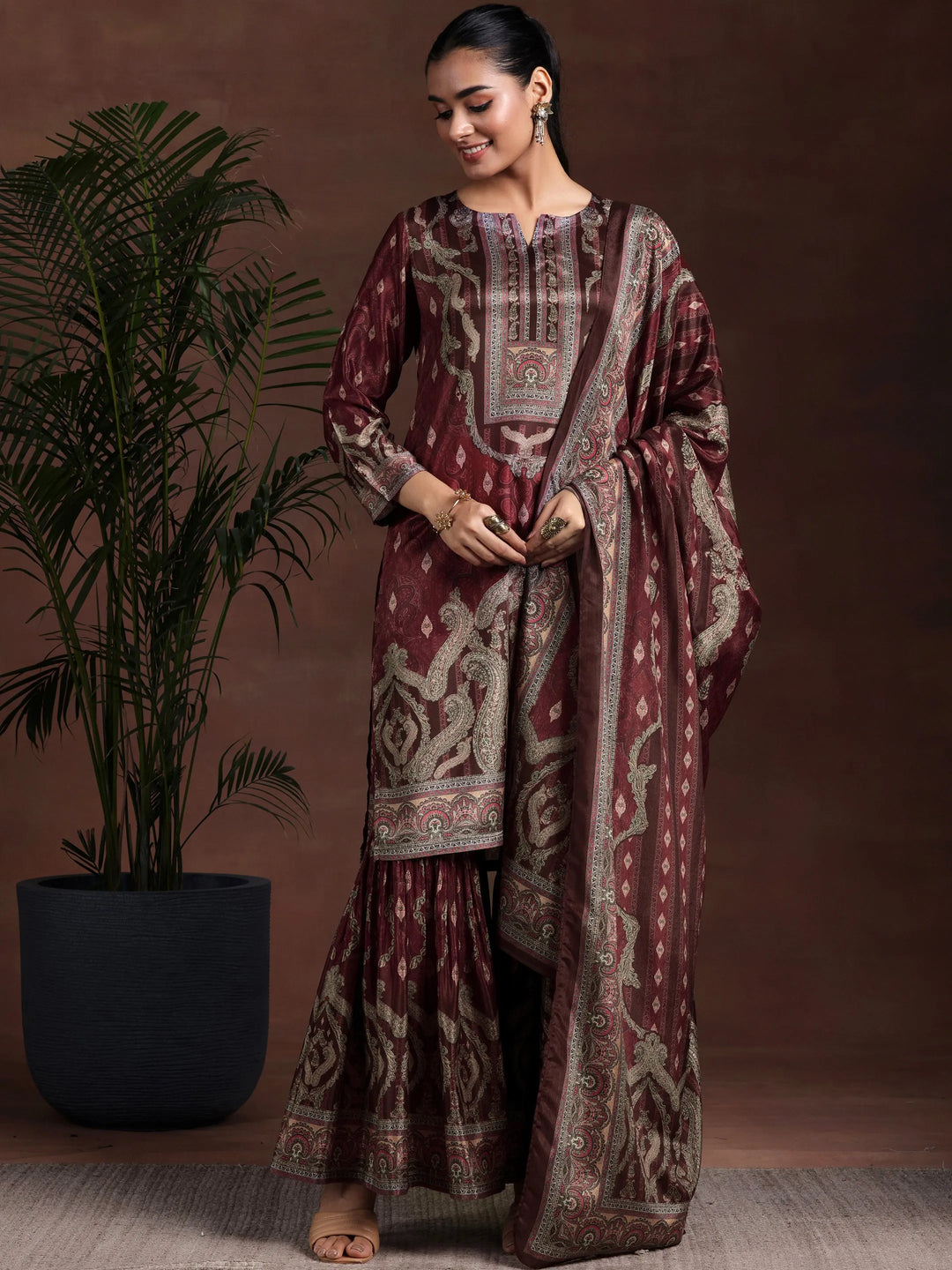  Brown Printed Silk Blend Straight Suit With Dupatta 