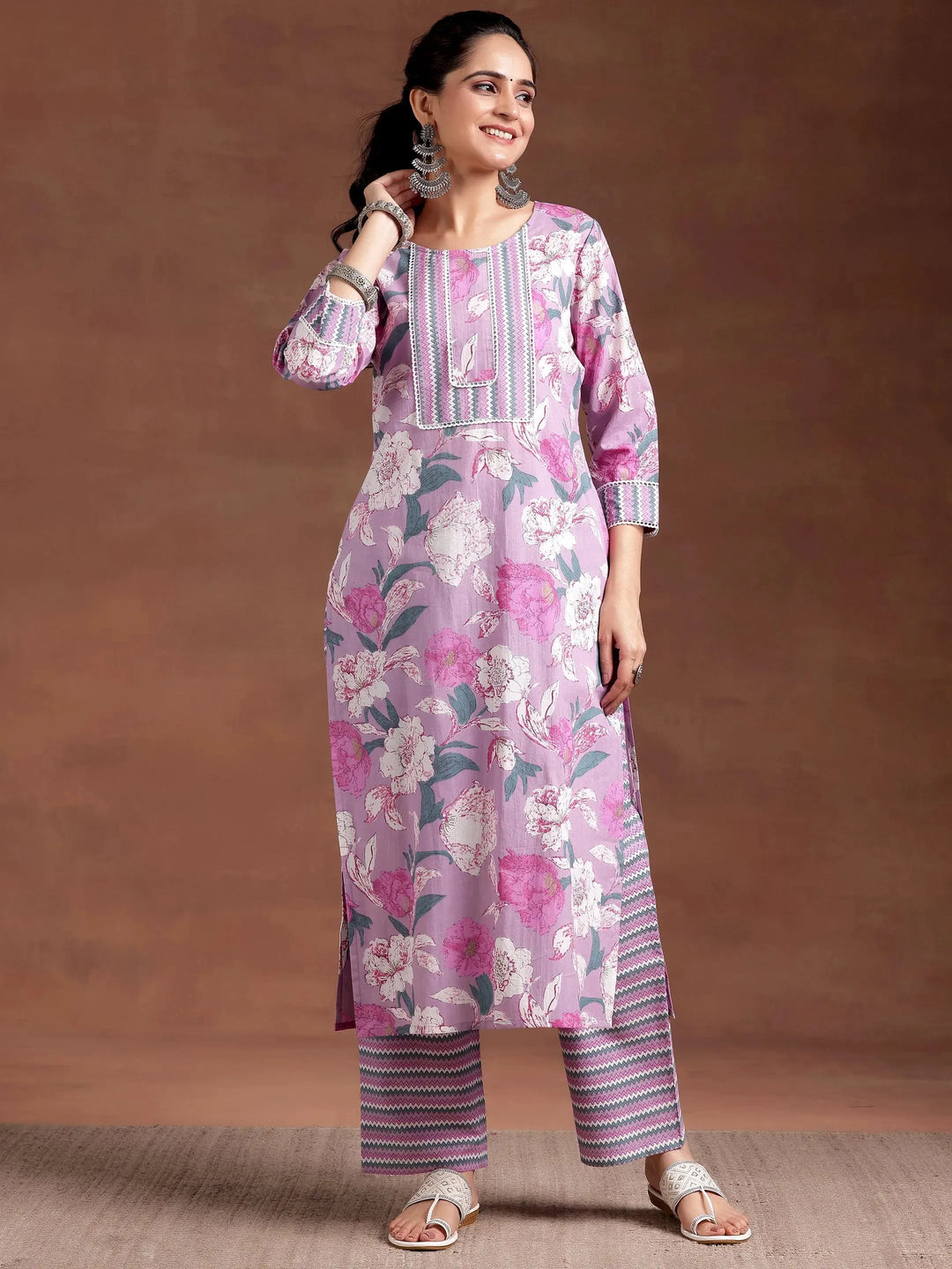  Lavender Printed Cotton Straight Kurta Set 