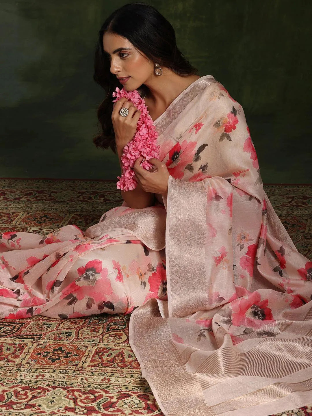 Pink Printed Silk Blend Saree With Unstitched Blouse Piece - Libas 