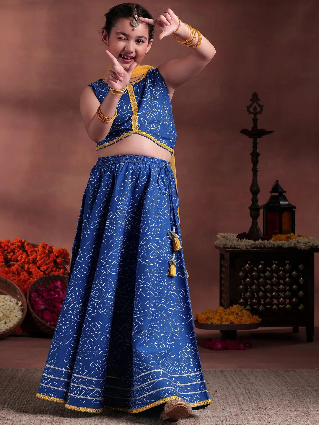  Kids Blue Printed Cotton Ready to Wear Lehenga Choli 