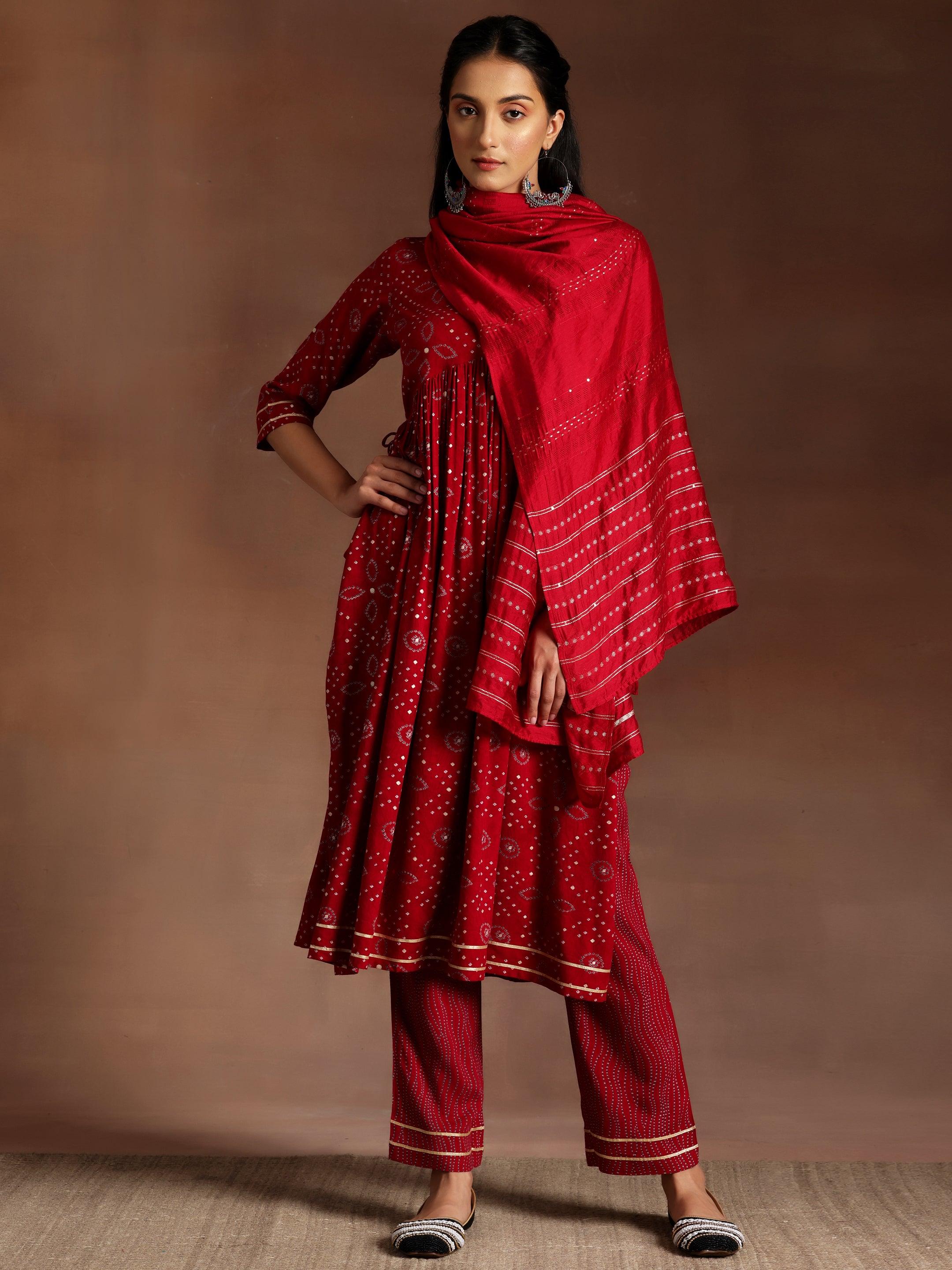 Zainab Red Printed Rayon A-Line Kurta With Palazzos & Dupatta