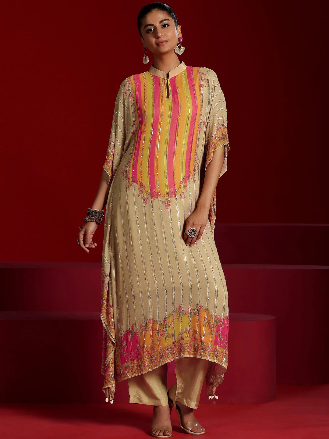  Libas Art Beige Printed Poly Georgette 3 Piece Co-Ords 