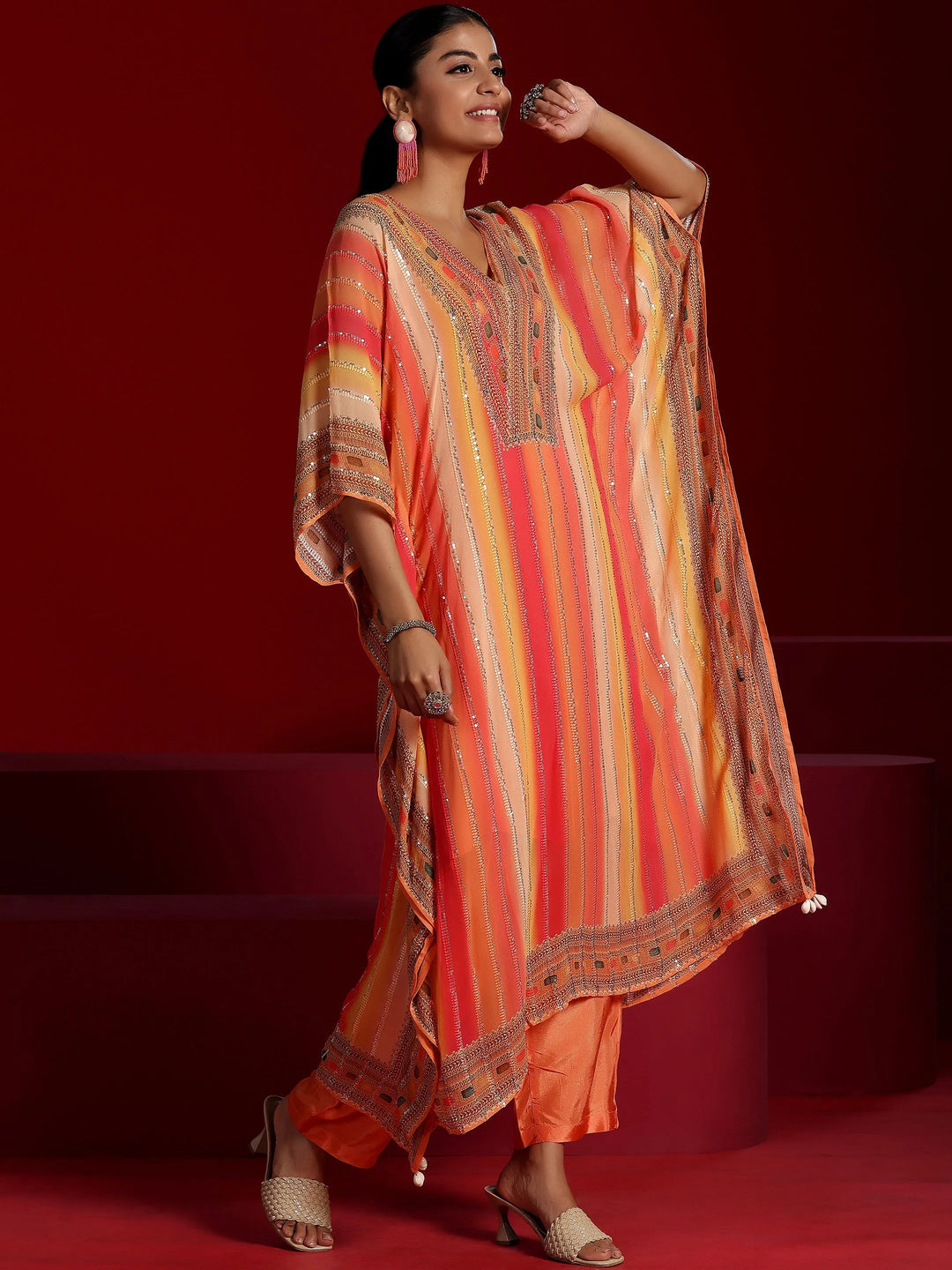  Libas Art Orange Printed Poly Georgette 3 Piece Co-Ords 
