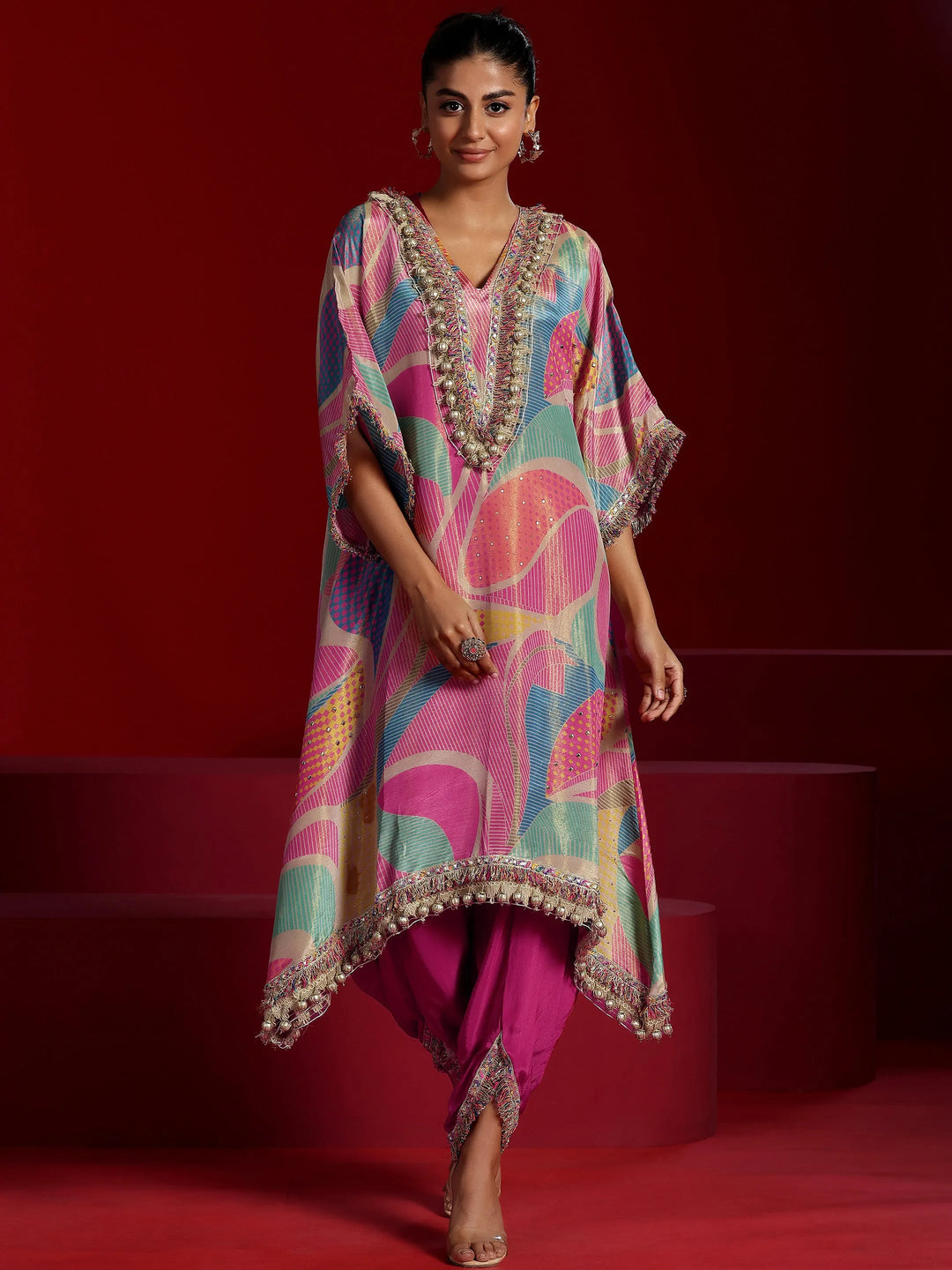  Libas Art Multi Printed Tissue A-Line Kurta With Dhoti Pants 