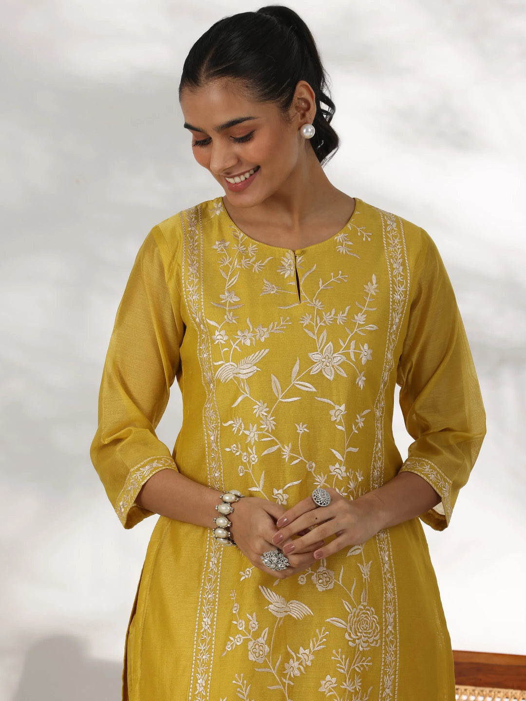  Mustard Embroidered Chanderi Silk Straight Suit With Dupatta 