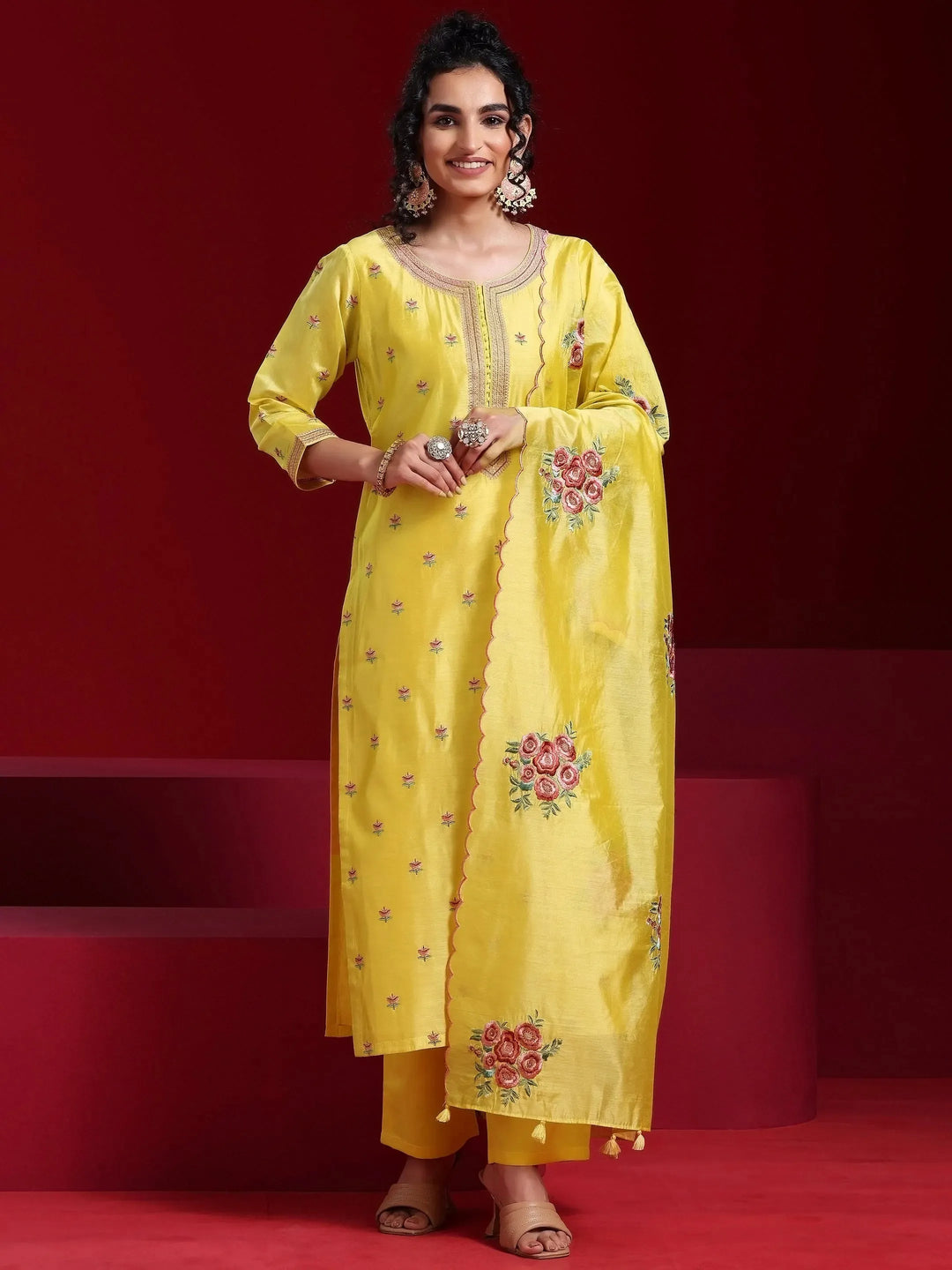  Libas Art Yellow Embroidered Chanderi Silk Straight Suit With Dupatta 