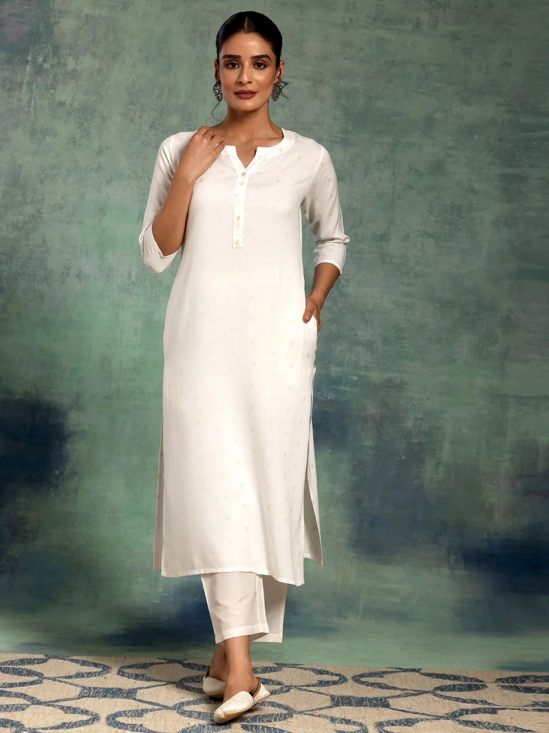 Cream Woven Design Rayon Straight Kurta