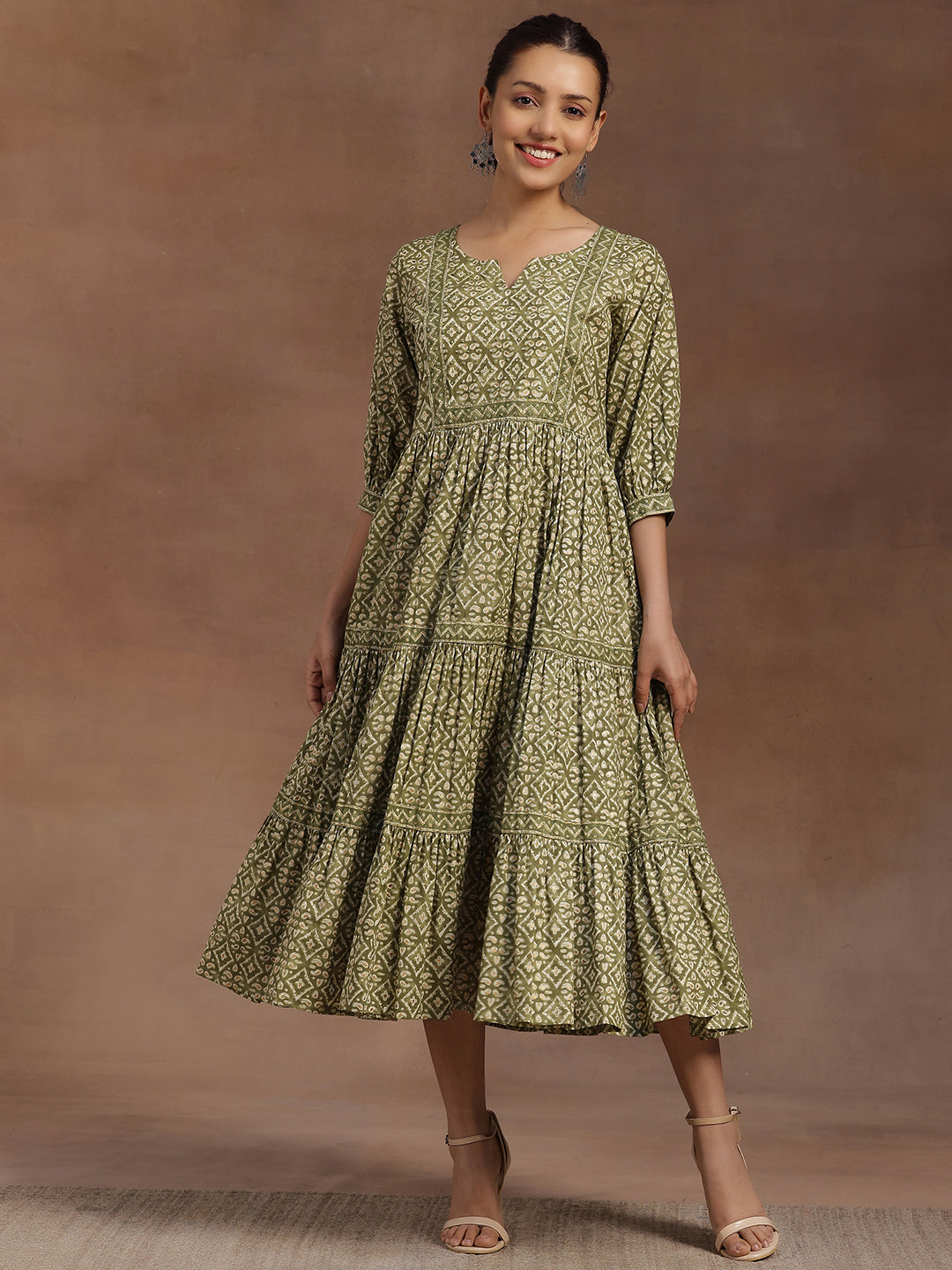  Green Printed Cotton A-Line Dress 