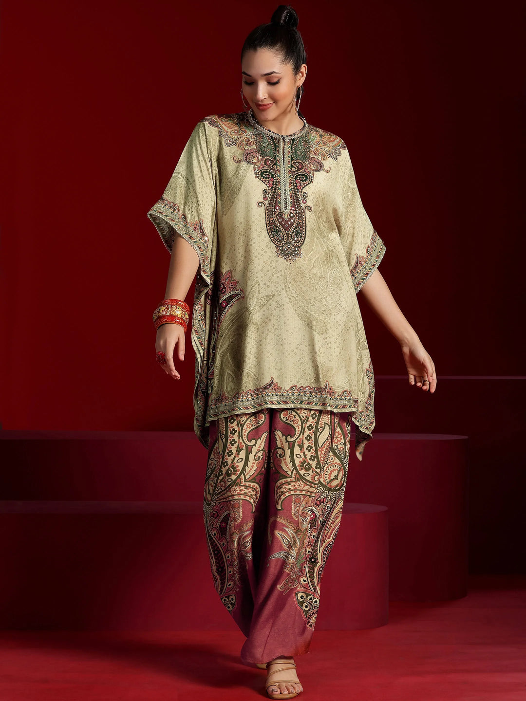  Libas Art Beige Printed Silk Blend Co-Ords 