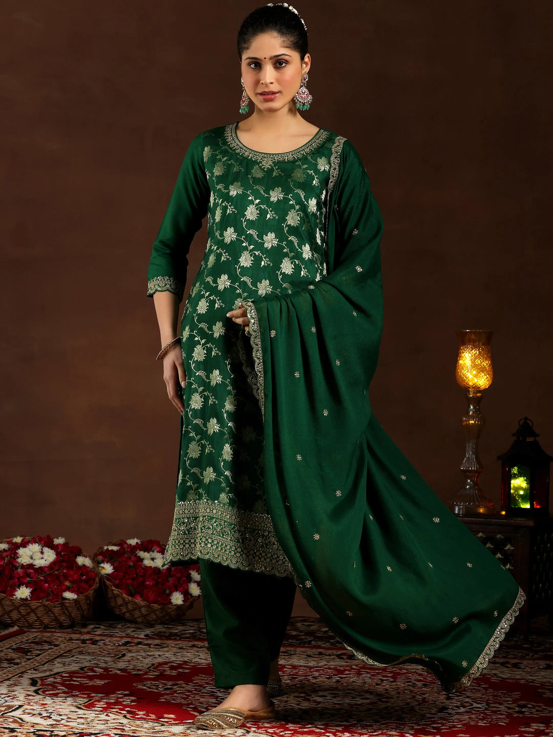 Green Woven Design Silk Blend Straight Suit With Dupatta
