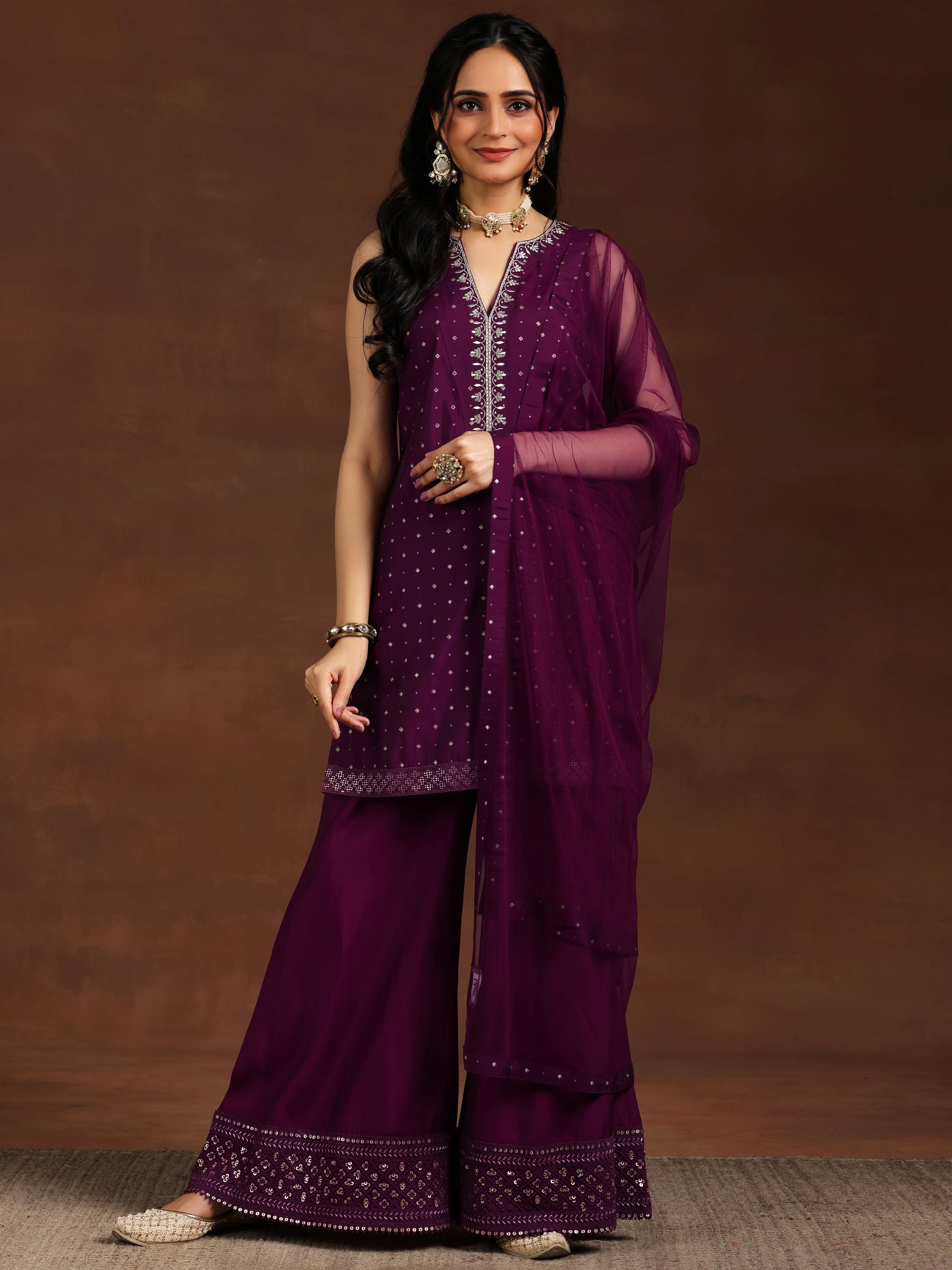 Wine Embroidered Silk Blend Straight Suit With Dupatta