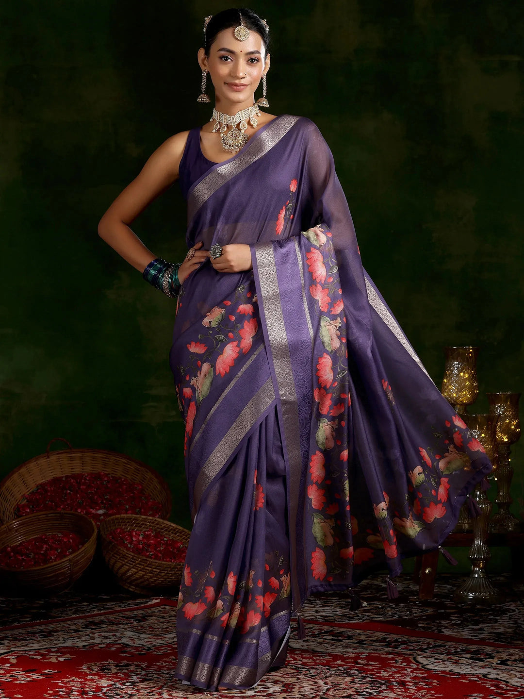  Purple Printed Silk Blend Saree With Unstitched Blouse Piece 