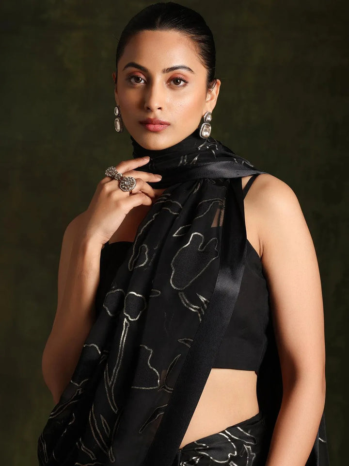 Black Woven Design Brasso Saree With Unstitched Blouse Piece - Libas