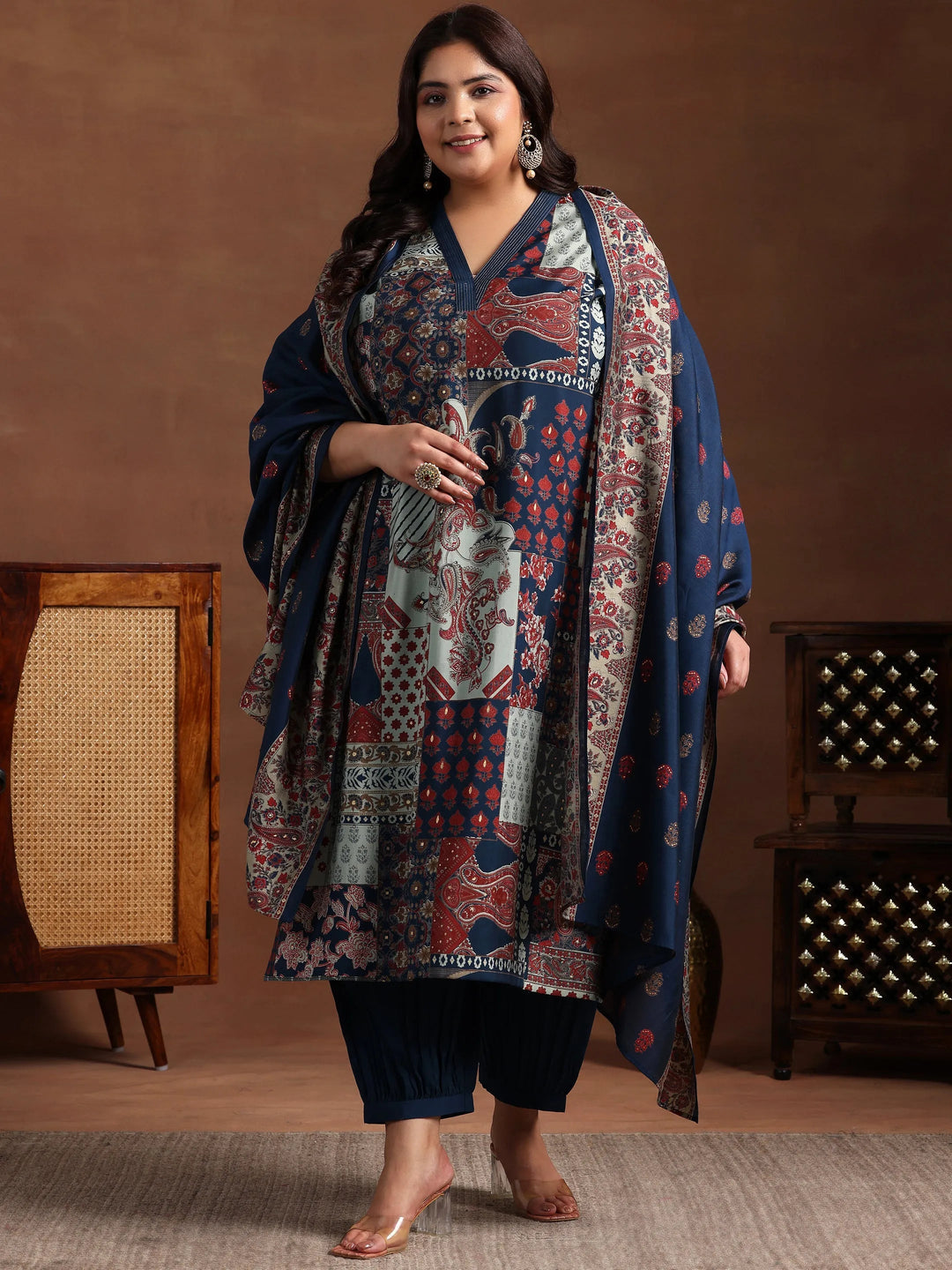  Plus Size Blue Printed Silk Blend Straight Suit With Dupatta 