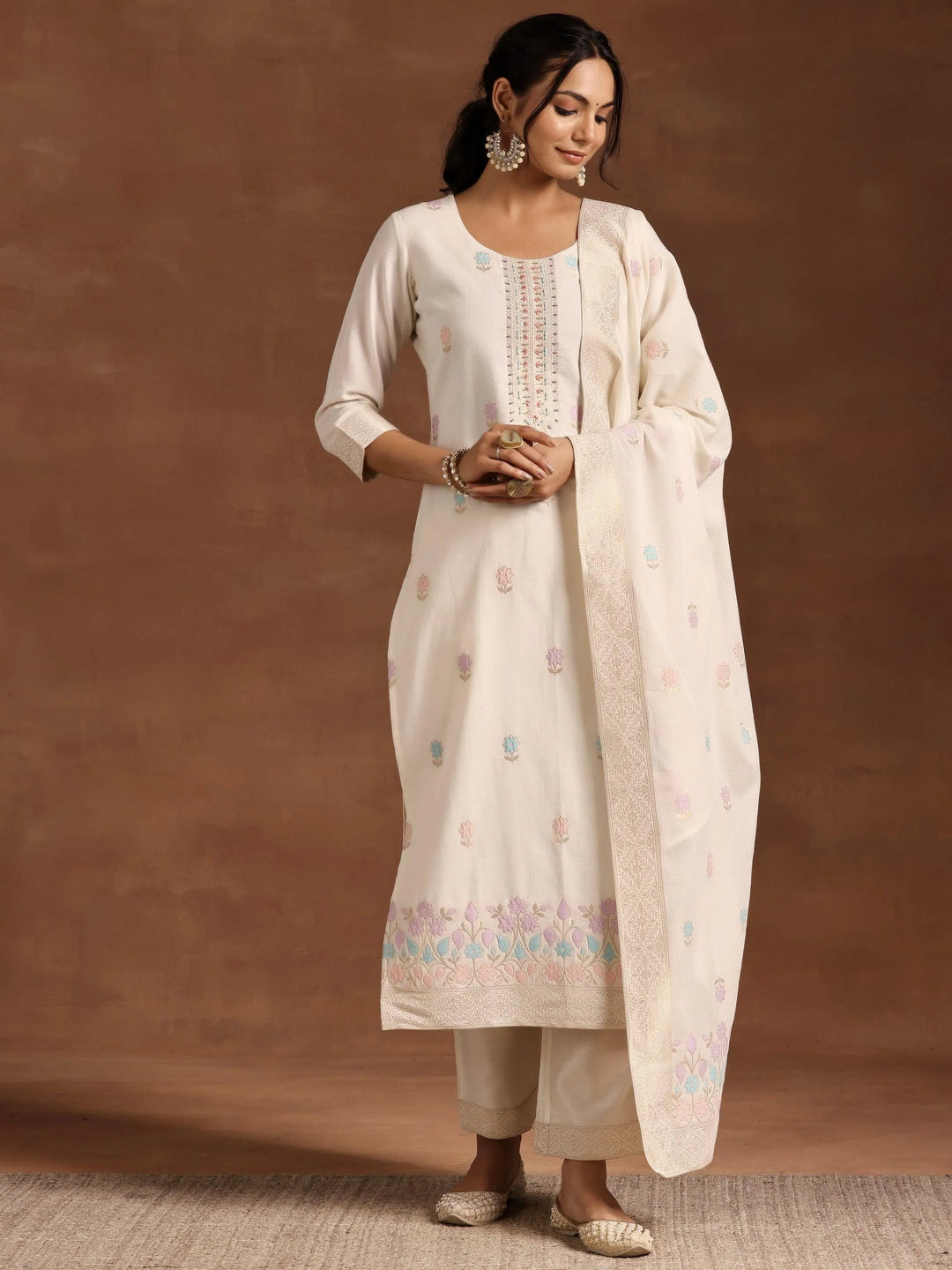 Off White Woven Design Linen Straight Suit With Dupatta - Libas 