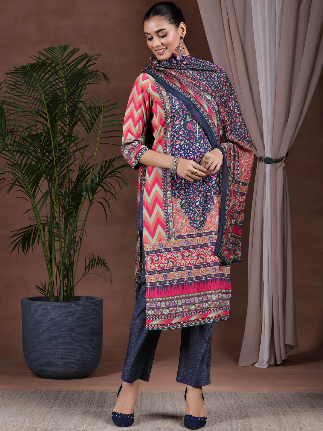 Multi Printed Poly Crepe Straight Suit With Dupatta 