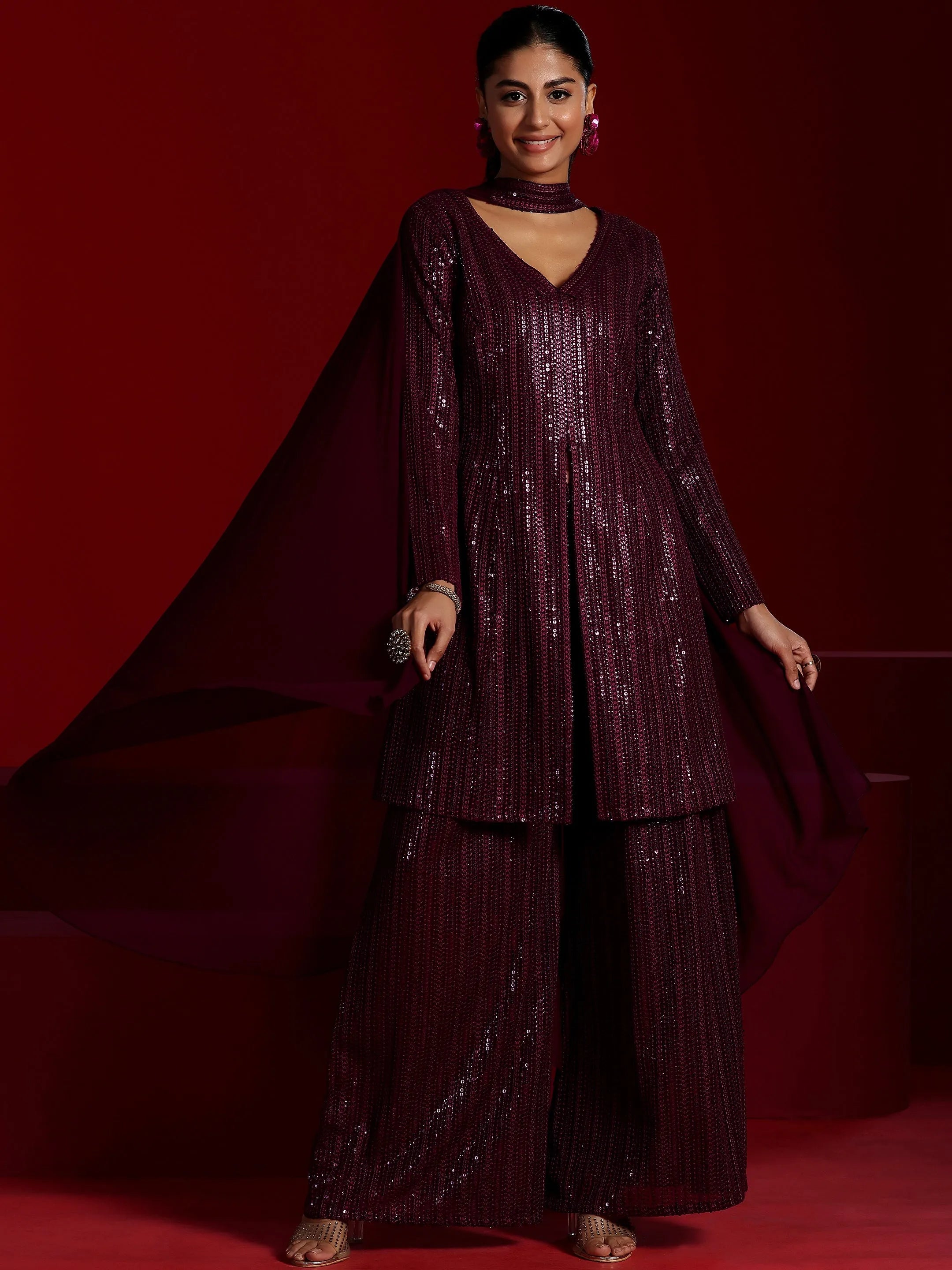 Libas Art Wine Embroidered Georgette A-Line Kurta With Palazzos & Dupatta-picture-63