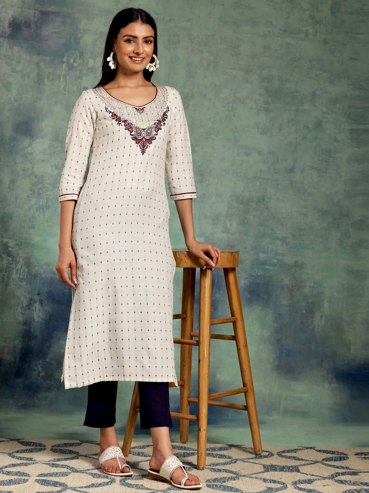 Off White Yoke Design Cotton Straight Kurta - Libas