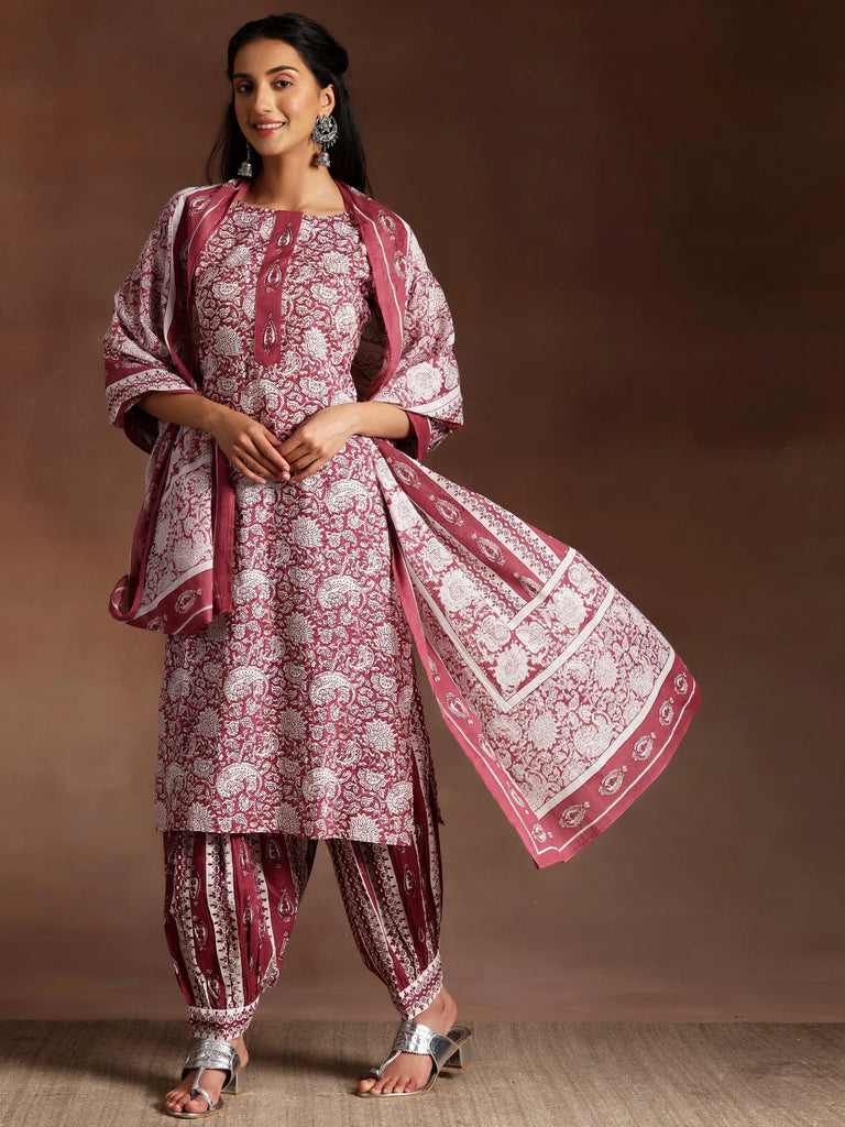 Libas Wine Printed Cotton Straight Suit With Dupatta