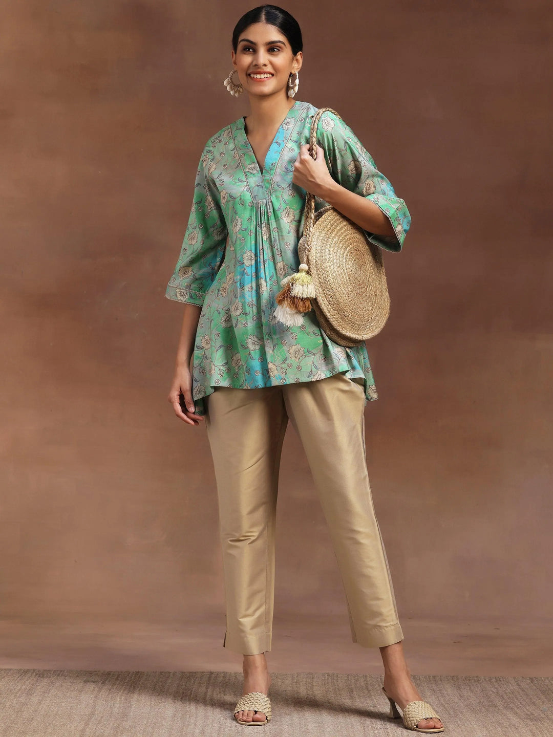  Green Printed Silk Blend A-Line Kurti 