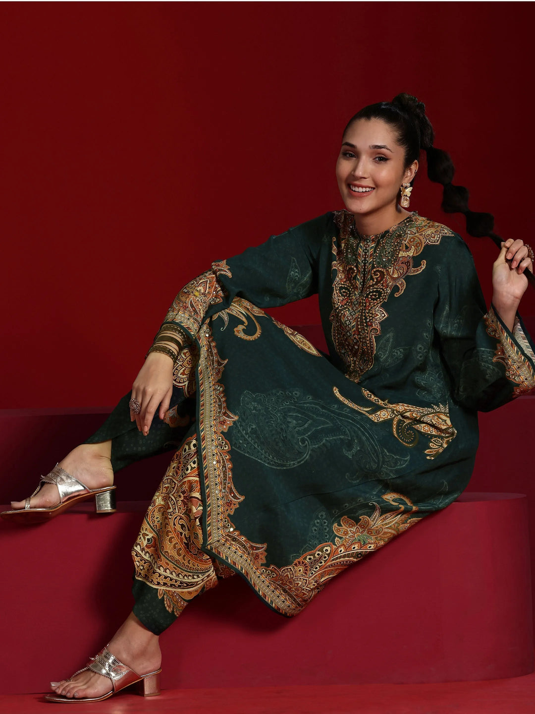  Libas Art Green Printed Silk Blend A-line Kurta With Dhoti Pants 