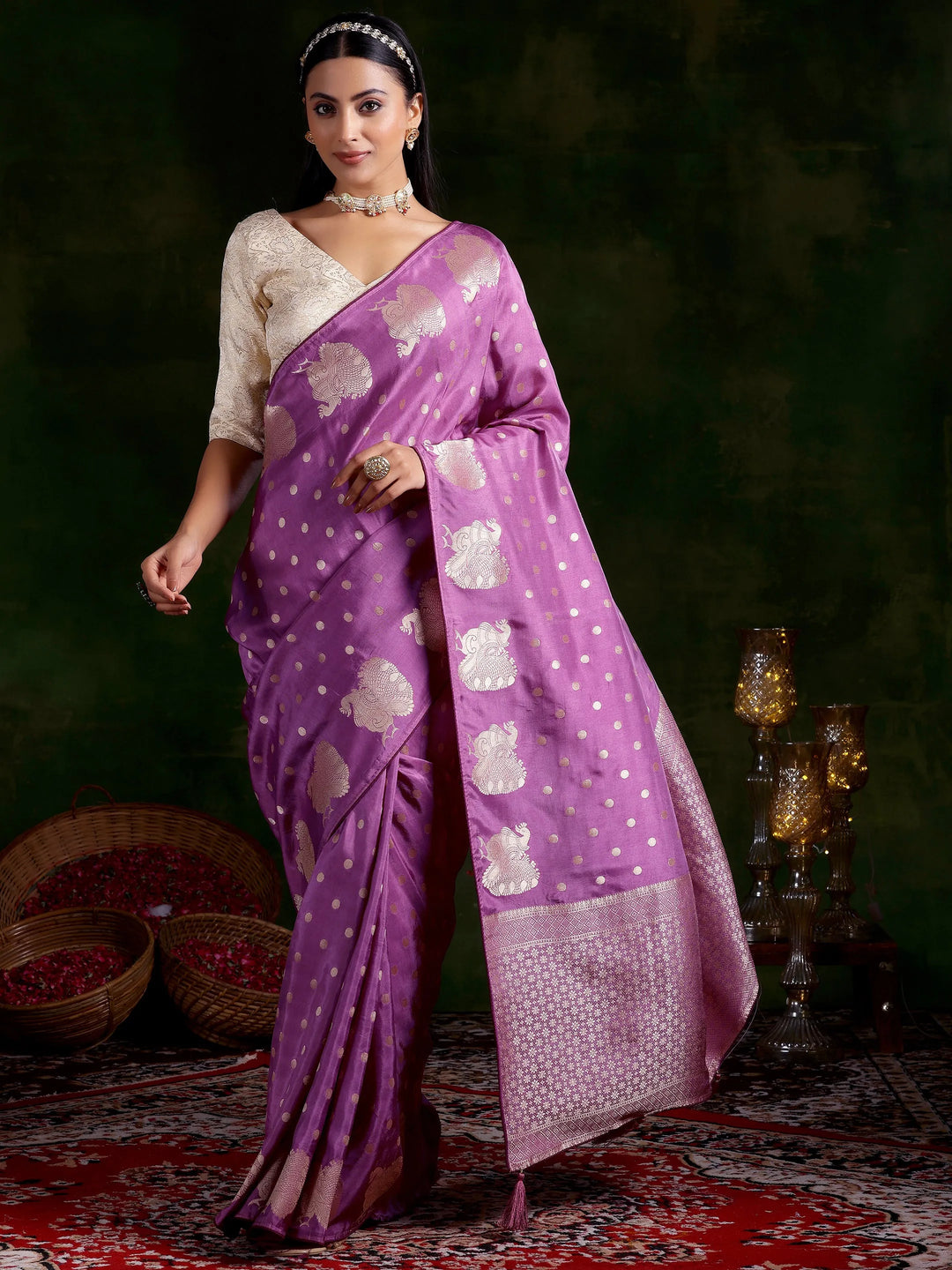 Mauve Woven Design Silk Blend Saree With Unstitched Blouse Piece