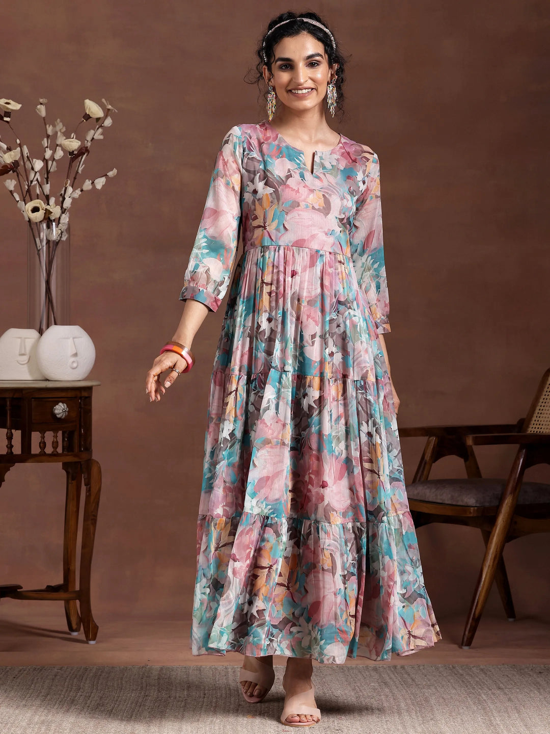  Mauve Printed Chiffon Fit and Flare Dress 