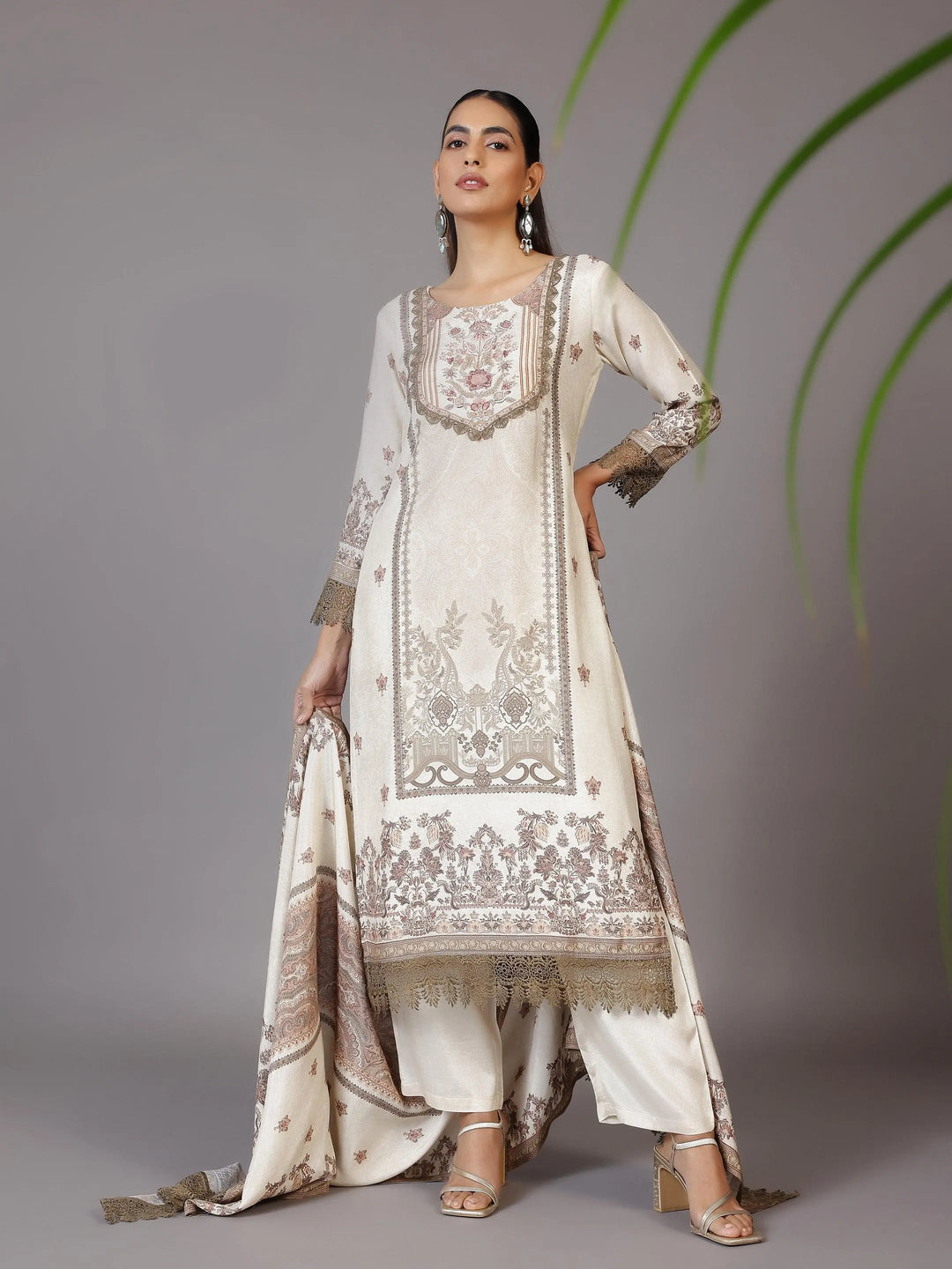 Beige Printed Silk Blend Straight Suit With Dupatta - Libas 