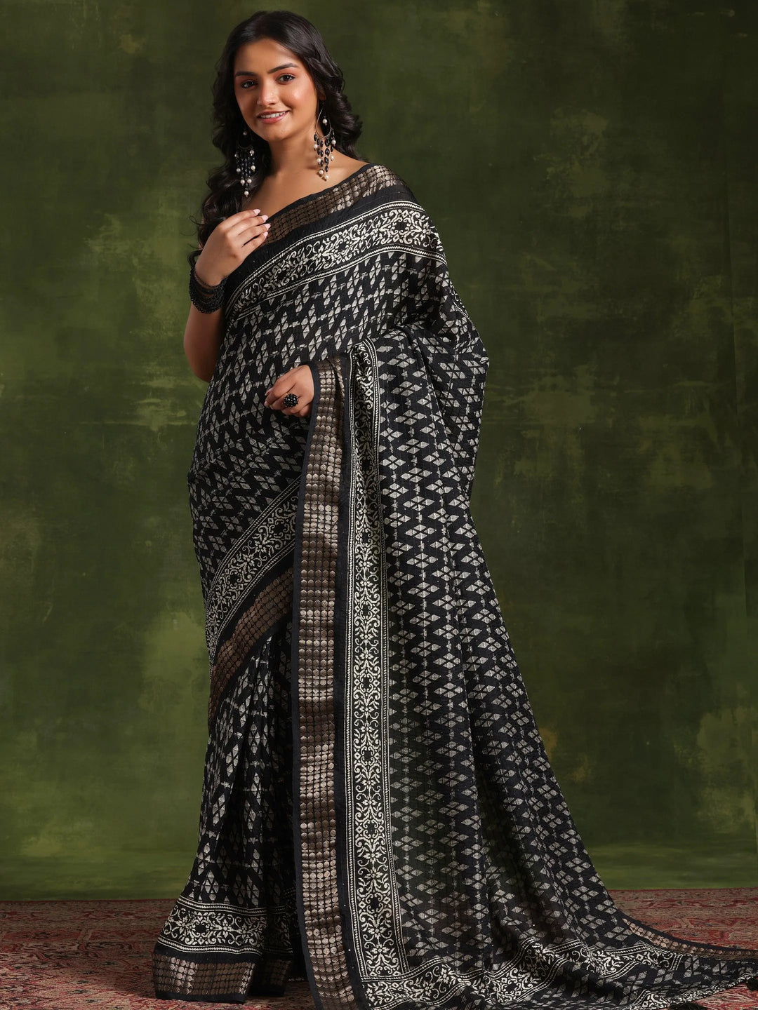Black Printed Silk Blend Saree With Unstitched Blouse Piece - Libas 