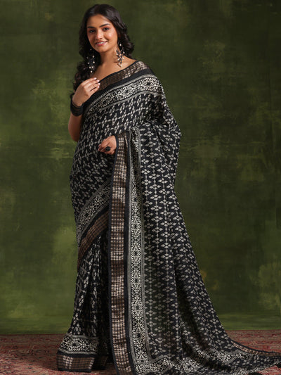 Black Printed Silk Blend Saree With Unstitched Blouse Piece - Libas