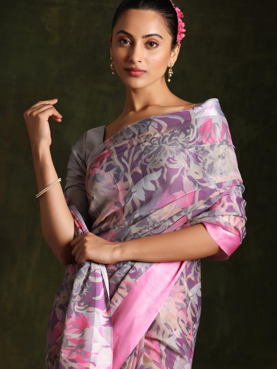 Multicoloured Printed Silk Blend Saree With Unstitched Blouse Piece - Libas