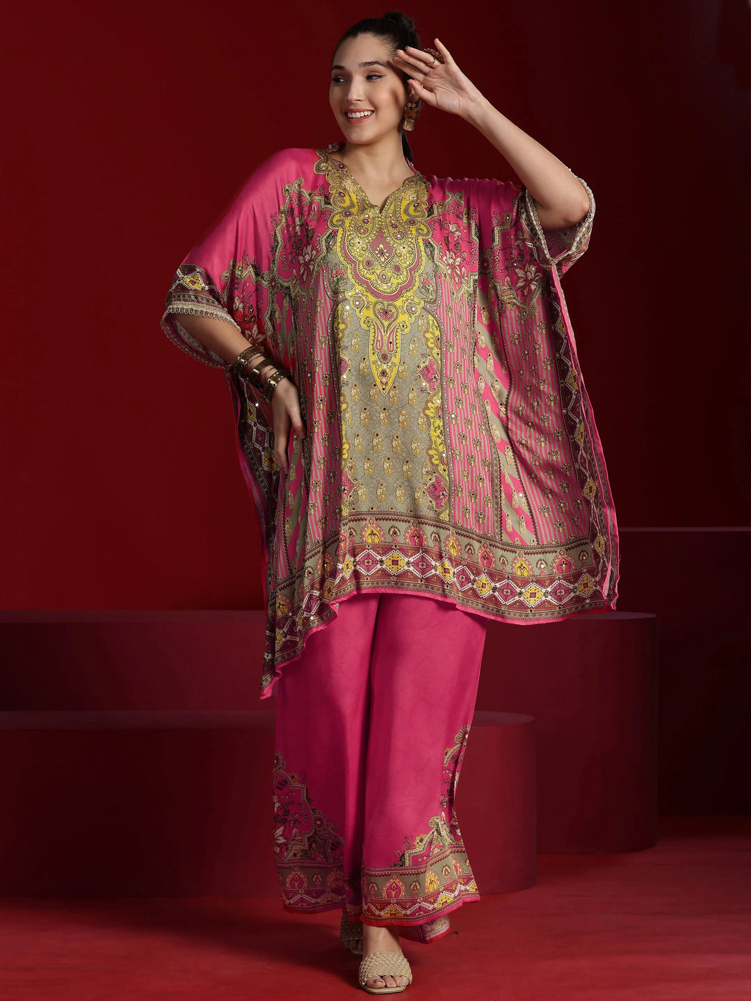  Libas Art Coral Printed Silk Blend Kaftan Kurta With Palazzos 