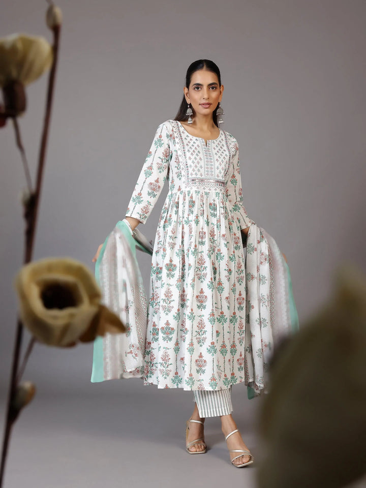 Off White Printed Cotton Anarkali Suit With Dupatta - Libas