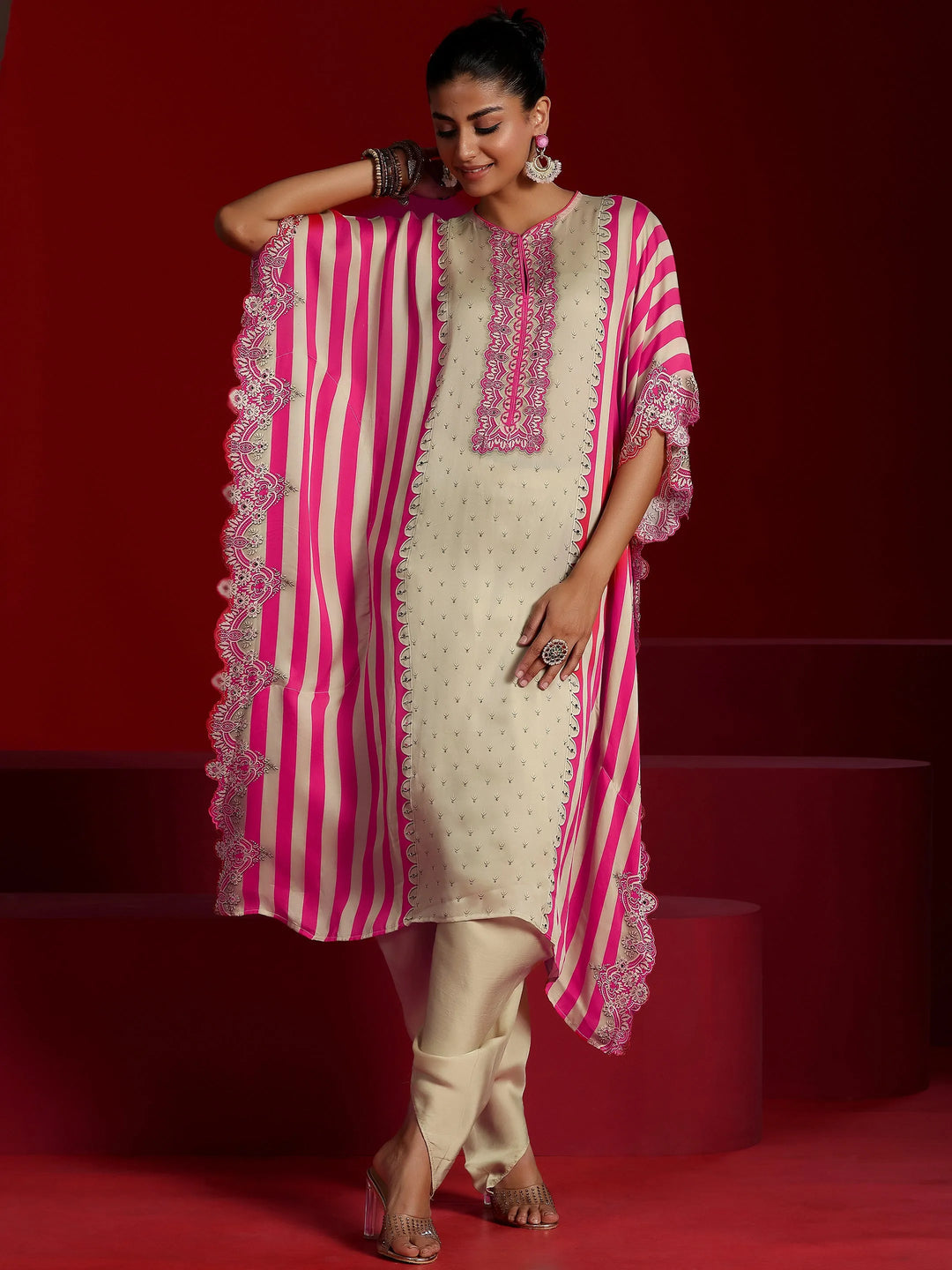  Libas Art Beige Printed Silk Blend Co-Ords 