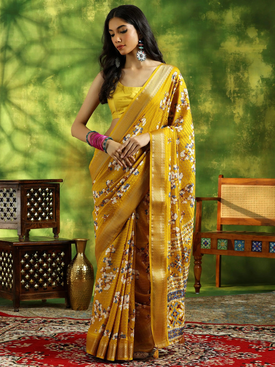 Mustard Printed Silk Blend Saree With Unstitched Blouse Piece - Libas 
